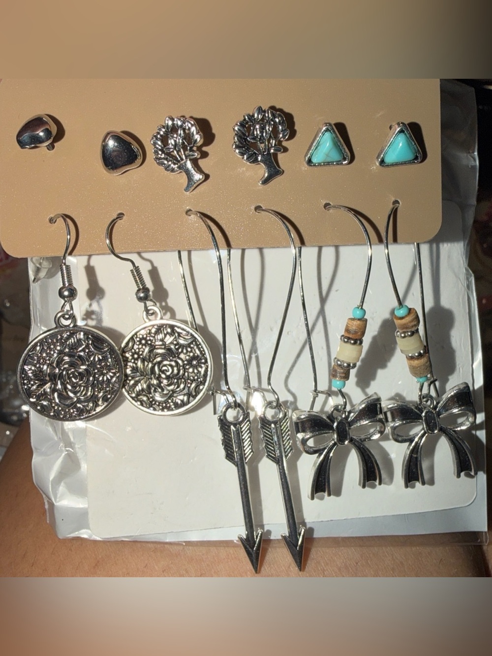 Fashion Jewelry Silver Earrings 6 piece Set with faux Turquoise Accents